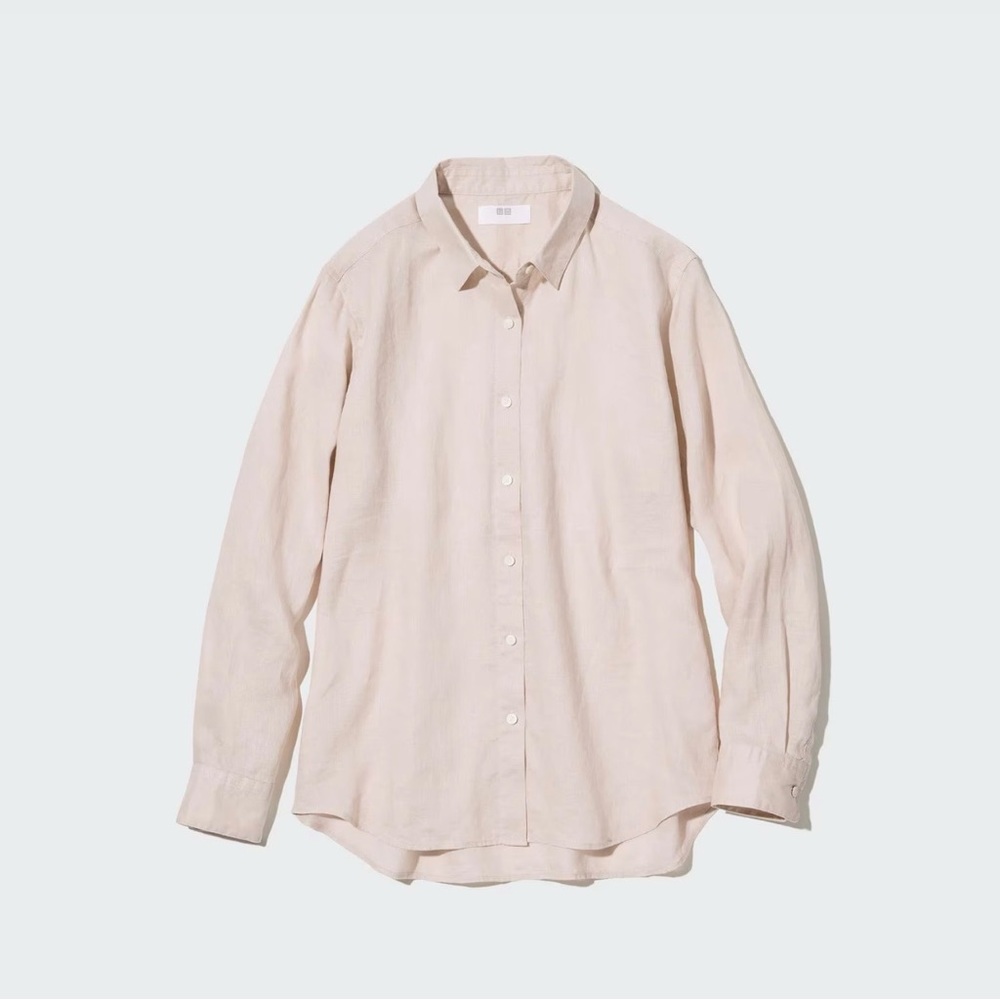 UNIQLO 🥥 Women’s 100% Premium Linen Long Sleeve Shirt Color 31 Beige Size Small